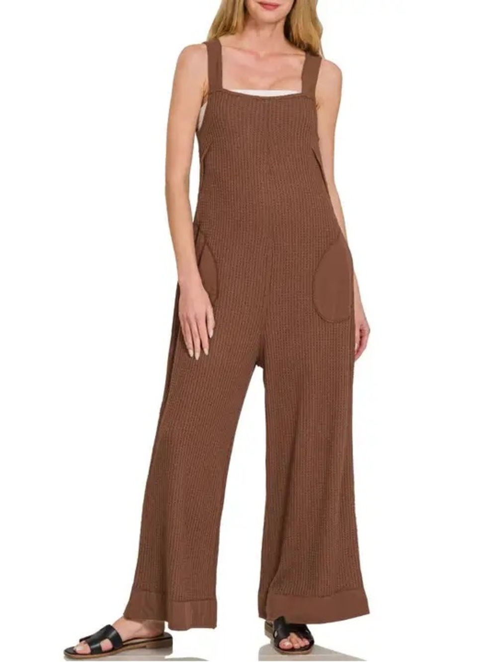 Zenana Brown Waffle Wide-Leg Knit Overalls